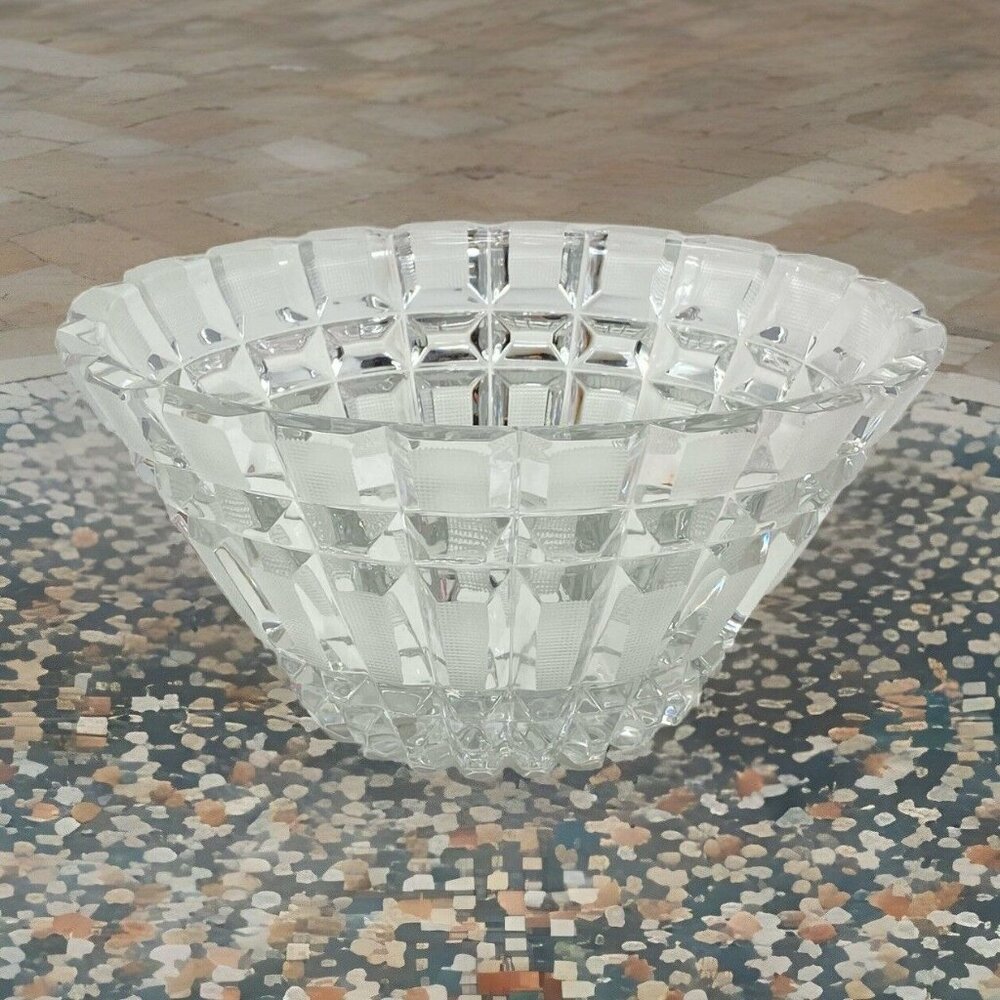 Vintage Russian Cut Ribbed Paneled Crystal Bowl w Cross Hatch Cut  7” X 5” Oval